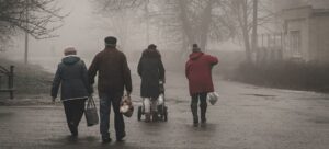 Un grupo de catro persoas camiña de costas á cámara,por unha rúa baleira de Kiev-Ucraína. Van moi abrigadas, hai néboa e semella facer moito frío. Levan bolsas, como de compra. A imaxe é de ACNUR e está asinada polo fotógrafo Artur Ulianytskyi